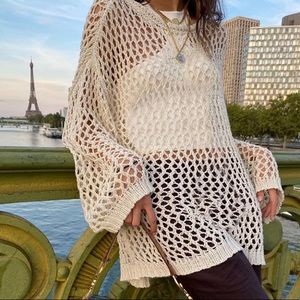 Open Knit crochet Oversized cream color fishnet sweater balloon sleeves